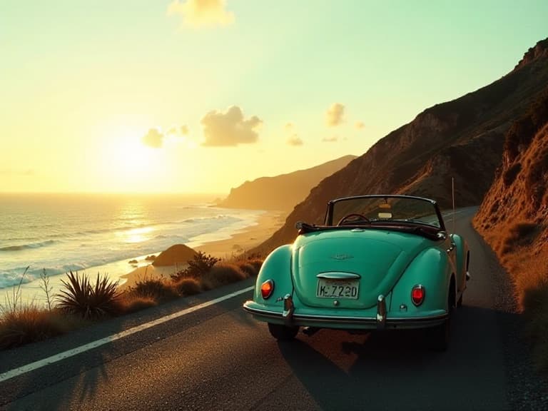 Vintage convertible on a coastal road, generated in the Cinematic style