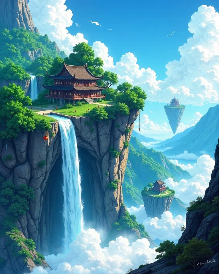 Floating sky islands at dusk, generated in the Anime style