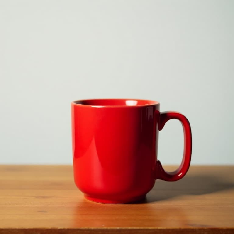 Studio photo of a red ceramic mug, generated in the Photoreal style