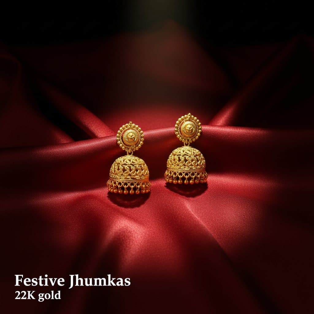 A square post of gold jhumka earrings on red silk, headline Festive Jhumkas