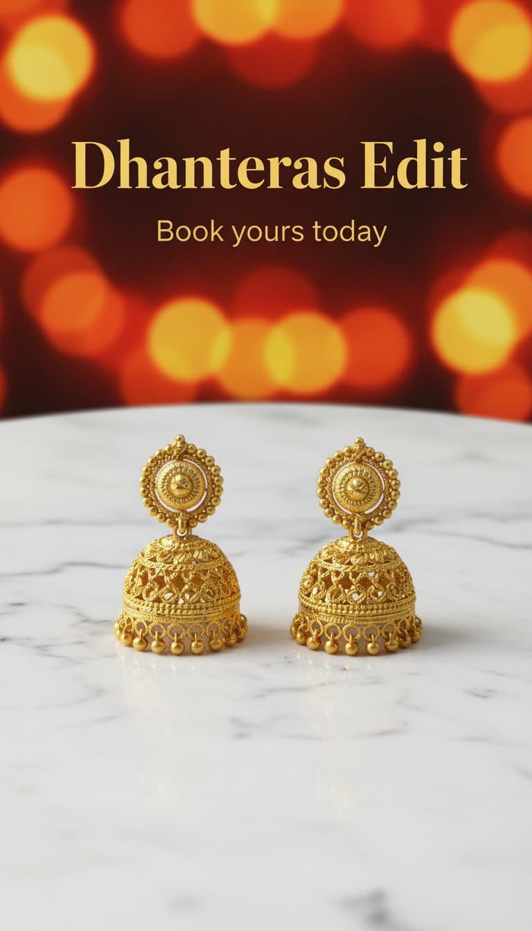 A vertical story of the same earrings on marble with Diwali lights, headline Dhanteras Edit