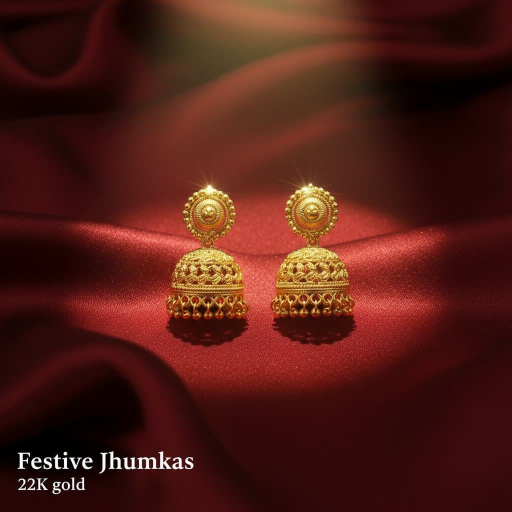 The finished post: the same earrings on deep red silk with the headline Festive Jhumkas set into the image